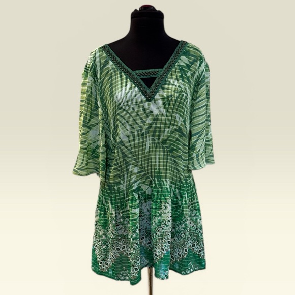 Catherines Tops - Catherines Green Patterned V-Neck Top with Beaded Trim
